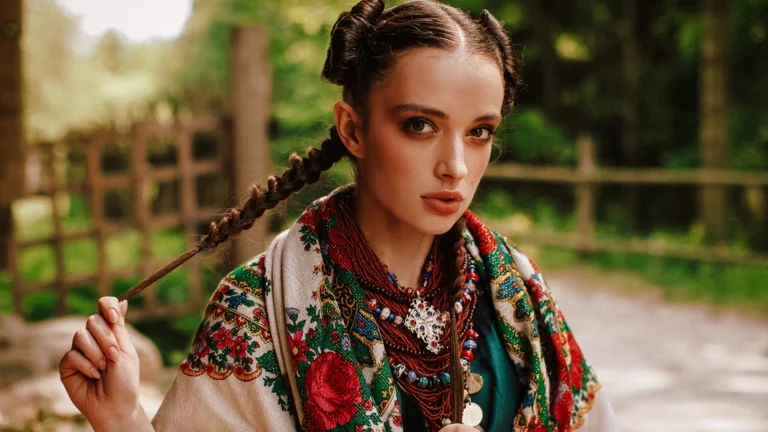 Photographie de la beauté en Ukraine en vêtement traditionnel, avec un regard expressif et une coiffure traditionnelle élaborées avec des tresses.